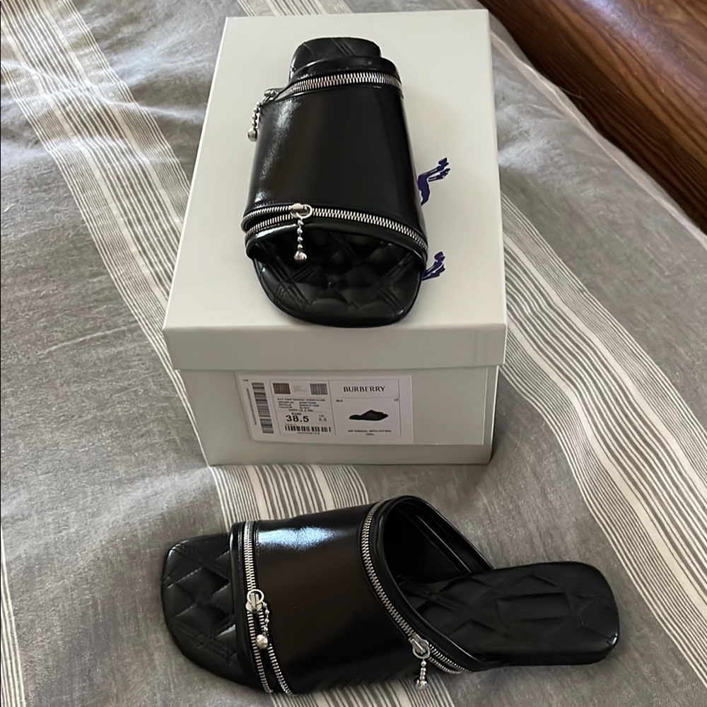Burberry Black Slide Sandals with Zipper Detail